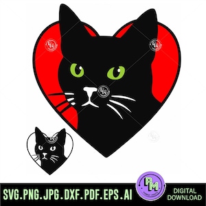 May include: Black cat face with green eyes inside a red heart shape. A smaller version of the cat in a heart is below. The image includes the text "SVG.PNG.JPG.DXF.PDF.EPS.AI" and "DIGITAL DOWNLOAD".