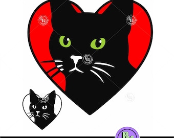 Black Cat Heart SVG, Cute Cat Face SVG for Cricut, Cat Lover Gift Cut File, Kitty Clipart PNG Pet Decal Shirt Design