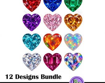 Gemstone Clipart Bundle, Colorful Crystal Heart PNG, Diamond Jewel Hearts, Birthstone Heart Graphics, Sublimation Digital Download