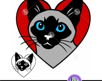 Siamese Cat SVG | Cute Cat Heart Design | Cat Mom Gift | Pet Lover Clipart | Cricut Silhouette Laser Cut File | SVG PNG Kitty Art