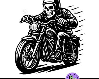 Totenkopf Biker auf Motorrad | Skelett Reiter Tattoo Style Design | Gothic Biker Schädel Kunst | Vintage Motorrad Clipart | Horror Dekor | SVG