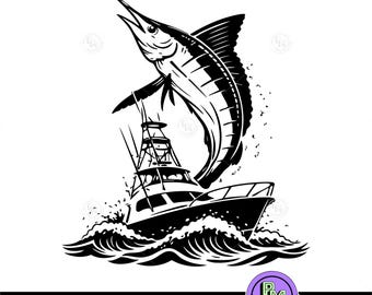 Marlin Fishing SVG | Deep Sea Fishing Boat Design | Fisherman Gift | Sport Fishing Clipart | Cricut Laser Cut File SVG PNG
