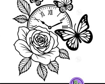 Clock Rose Butterfly SVG, Floral Timepiece Cut File, Rose and Butterfly Tattoo SVG, Vintage Clock Clipart, Cricut Silhouette Cut File