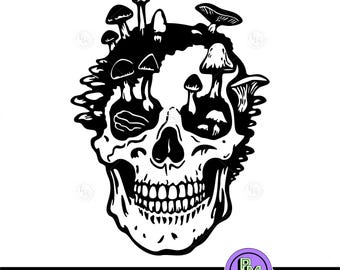 Pilz Schädel SVG | Dunkler Gothic Skull mit Pilz Design | Horror Psychedelische Clipart für Cricut Laser Cut PNG, Dark Nature Tattoo Design