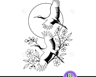 日本の鶴の SVG、花柄の鶴の鳥のベクター、鶴のクリップアート、日本の