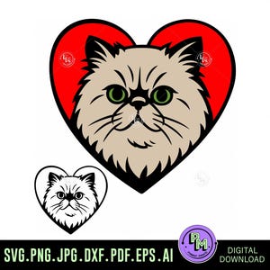 Op de afbeelding: Een digitaal ontwerp met het gezicht van een Perzische kat in een rood hart, met een kleinere hartvormige kattenillustratie eronder. De kat heeft groene ogen en een beige vacht. Het ontwerp bevat de tekst "SVG.PNG.JPG.DXF.PDF.EPS.AI" en "DIGITALE DOWNLOAD."