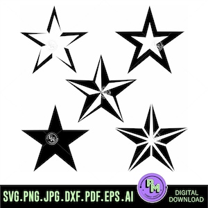 Può includere: Una collezione di cinque distinti design grafici a stella nera disposti in un gruppo. Ogni stella presenta uno stile geometrico unico, incluse varianti contornate, solide e segmentate. In basso è presente il testo SVG.PNG.JPG.DXF.PDF.EPS.AI e DIGITAL DOWNLOAD.