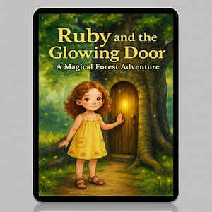 Puede incluir: Ilustración digital para la portada de un libro infantil, "Ruby and the Glowing Door: A Magical Forest Adventure". Muestra a una niña con un vestido amarillo junto a una puerta brillante en un bosque.