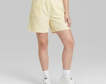 Pantalones cortos largos de rayas amarillas y blancas estilo vintage chic de los 90 para mujer, talla 12.