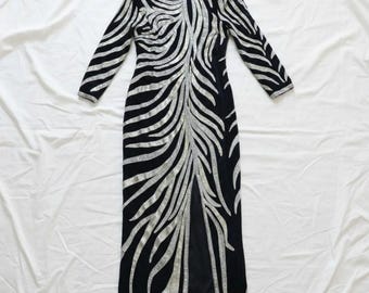 Vestido de noche largo maxi de seda con cuentas negras vintage de los años 80 para mujer, talla mediana