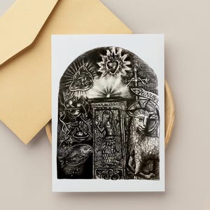 Lot de cartes de voeux beaux-arts « La sirène Zennor et les symboles du Christ » | Lots de 10 ou 20 | de sculpture d'église de sirène | Blanc à l'intérieur