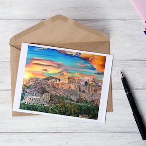 Lot de cartes de voeux beaux-arts « Coucher de soleil sur l'Acropole » | Lots de 10 ou 20 | Cartes Acropole d'Athènes | Blanc à l'intérieur