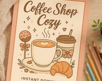 Puede incluir: Una impresión enmarcada en rosa titulada "Coffee Shop Cozy" con ilustraciones de café, un cruasán y un cake pop. La impresión incluye el texto "Instant Download Printable PDF". También se ven una taza de café y lápices de colores.