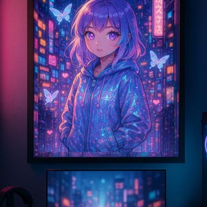 Kawaii Cyberpunk Girl Wall Art Neon Japan Anime Poster Digital Download for Room Decor, Techcore Otaku Vibes