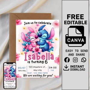 Stitch and Angel Birthday Invitation, Editable Stitch Birthday Invitation, Digital Party Invite, Stitch Birthday Party Invitation Printable