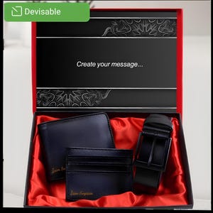 Schwarzer Kartenhalter Kunstleder Herren Geldbörse & Schwarzer Herren Gürtel Geschenkset in einer personalisierten Box