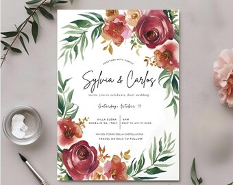 Watercolor Floral Wedding Invite | Pink Elopement Invitation (Digital)