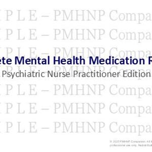 May include: A white background with the text "Complete Mental Health Medication Rolodex" in blue, and "Psychiatric Nurse Practitioner Edition" in black. The background has the repeated text "SAMPLE - PMHNP Companion".