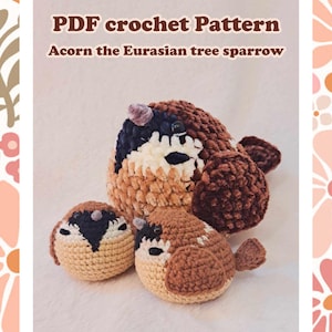 Puede incluir: Un patrón de ganchillo para un gorrión arbóreo euroasiático, con el texto "PDF crochet Pattern" y "Acorn the Eurasian tree sparrow". La imagen muestra tres pájaros de ganchillo en tonos marrón, beige y blanco.
