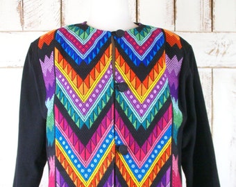 Handmade colorful chevron embroidered vintage Guatemalan jacket/black striped IKAT print woven blazer jacket/large