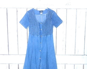 90s vintage blue jean smocked denim shirt dress