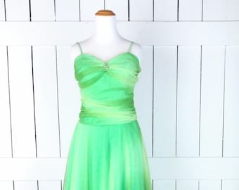 Vintage green mesh tulle glitter spaghetti strap evening dress/80s glitter tulle net dress/1980s green formal dress/juniors 9