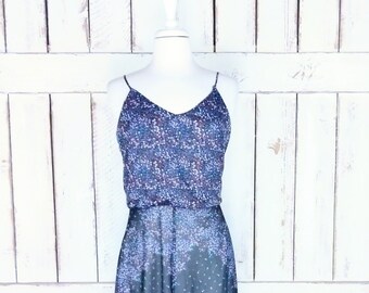Vintage sheer black floral handkerchief hem midi sun dress/asymmetric hem dress/small/medium