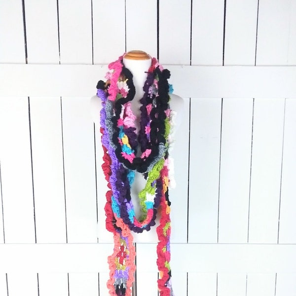 Vintage long chunky afghan crochet knit scarf/long handmade knit patchwork scarf