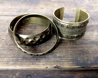 Vintage brass metal boho cuff bracelet bangles set of 3