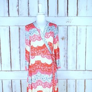 90s vintage striped lace printed stretch wrap dress/fitted long sleeve wrap midi dress/large/xlarge
