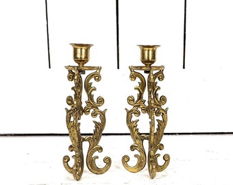 Vintage solid brass ornate pillar candle holder brass candlesticks set of 2