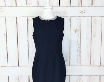 Vintage Anne Klein black sleeveless midi sheath/shift dress/mid knee length black/white dress/10