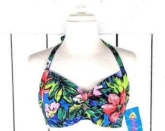 Green tropical floral denim cotton vintage 80s halter top bralette