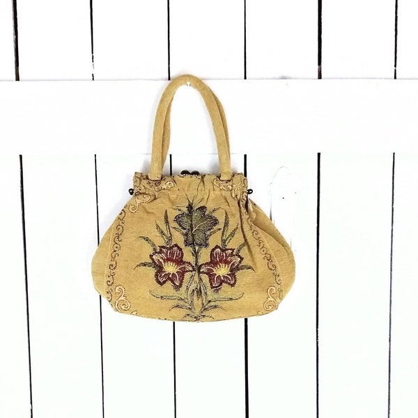Vintage beige floral beaded embroidered  tapestry fabric purse