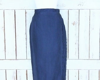 Vintage blue silk western fringe long faux wrap skirt/southwestern silk tassel skirt/dark blue silk skirt/waist 26"