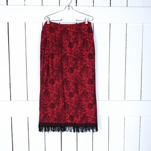 Vintage red/black paisley floral tassel fringe long pencil skirt/tapestry boho/hippie festival Indian skirt/10