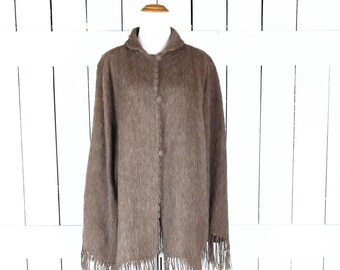 Vintage brown mohair wool knit fringe tassel cardigan poncho/knit poncho kimono cover up/one size