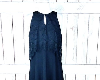 90s vintage black lace sleeveless peep hole midi dress/LBD/black lace dress