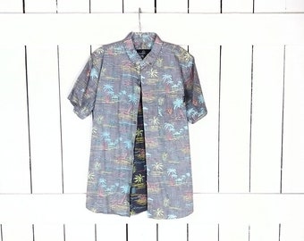Vintage Molokai reverse print mens blue/tropical button down Hawaiian shirt/short sleeve cotton palm tree Hawaiian shirt