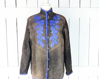 Vintage brown/blue suede leather jacket/floral embroidered mid length suede coat/Linea by Louis Dell Olio/large