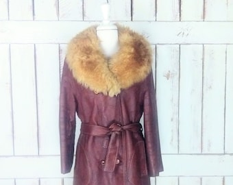 70s vintage brown faux leather belted sheepskin fur collar coat jacket