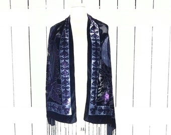 Purple/grey/black floral velvet fringe shawl scarf
