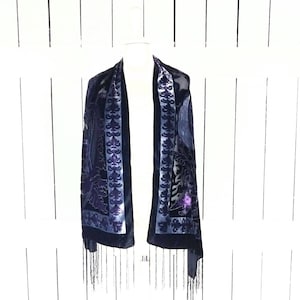 Purple/grey/black floral velvet fringe shawl scarf