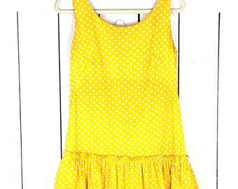 Vintage yellow white polka dot ruffle sleeveless midi dress