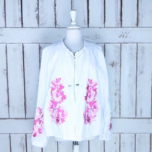 Vintage anni &#39;90 bianco lino rosa ricamato floreale giacca slouchy giacca /bomber linen/xxl