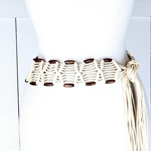 Wood bead braided macrame rope fringe tie belt