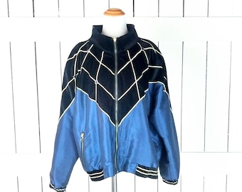 Vintage Ivana jeweled nylon windbreaker bomber jacket/blue/black velvet velour spider web jogger jacket/large