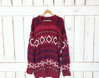 pull pull aztèque en tricot rouge vintage slouchy