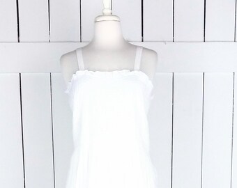 Vintage gauzy white cotton crochet lace ruffle sleeveless sun dress
