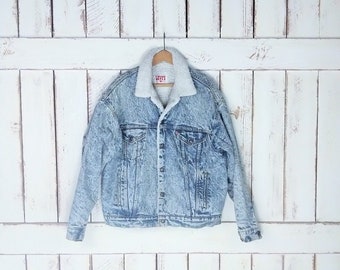 Chaqueta vaquera vintage Levis de camionero con lengueta roja y lavado acido Chaqueta vaquera de imitacion sherpa con botones a presion de San Francisco Grande Etsy Mexico